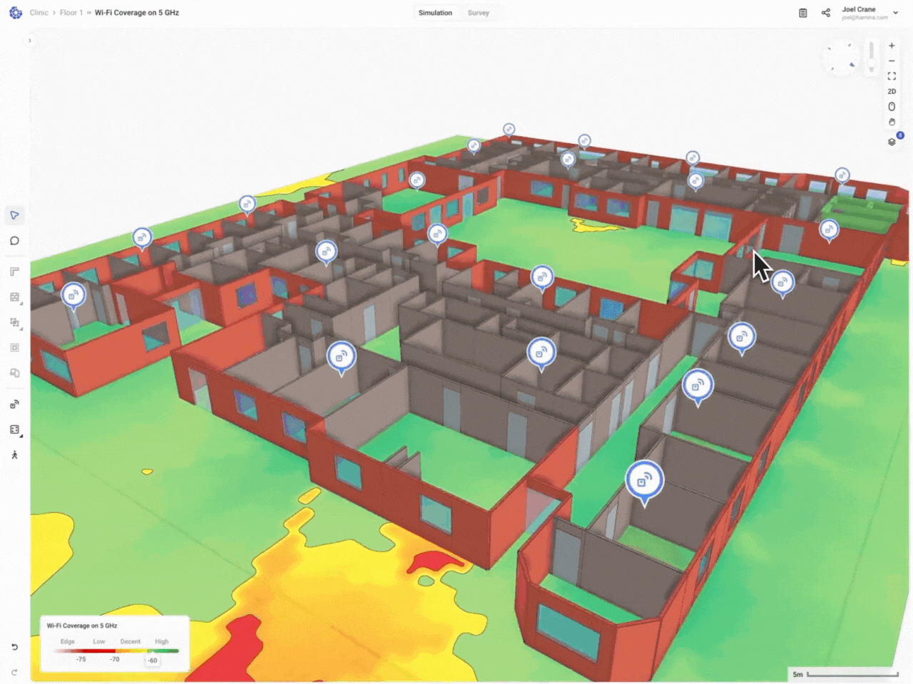 Hamina wireless site survey software rendering a live Wi-Fi RF heatmap over a commercial floor plan